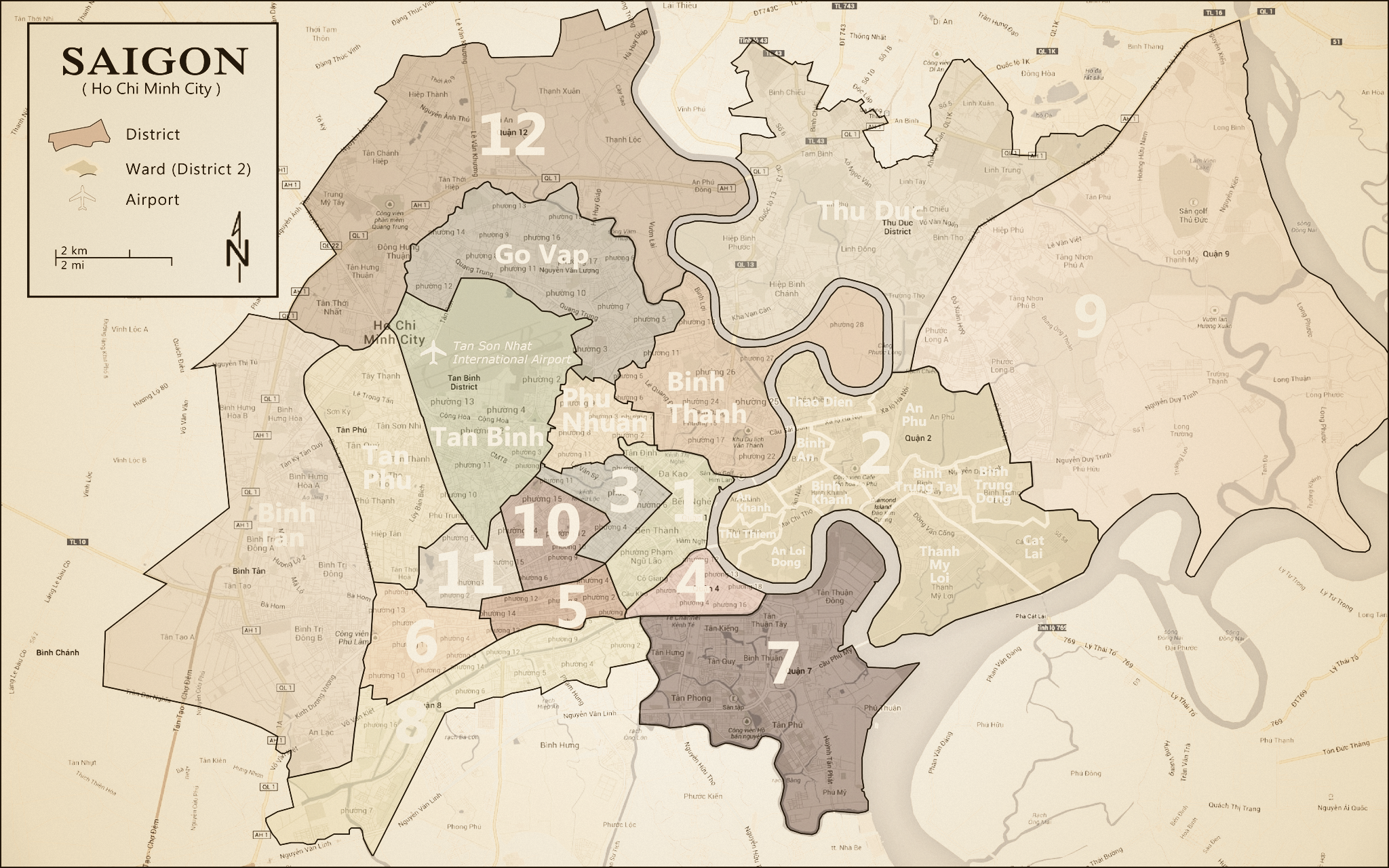 Antique-styled map of Ho Chi Minh City showing numbered districts and the Saigon River